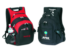 Two backpacks custom printed with company logos