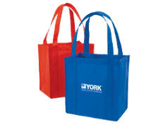 Two custom printed tote bags in red and blue