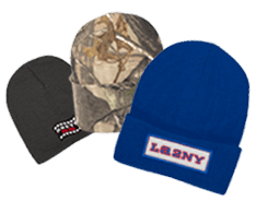Group of beanies with embroidered company logos